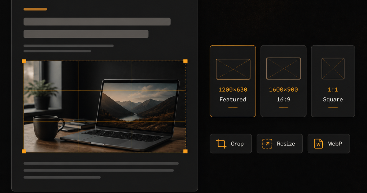 Dark editor mock of a blog layout with crop guides and size cards for featured, landscape, and square images